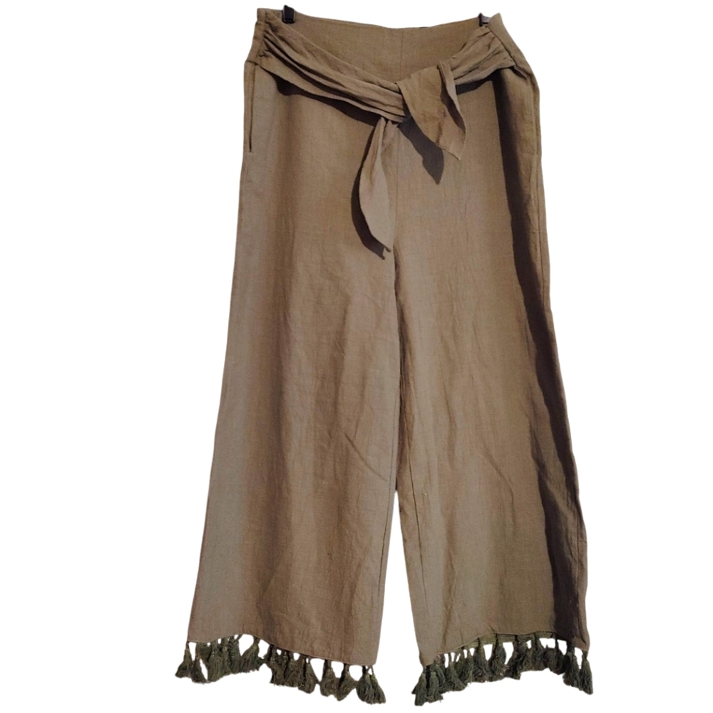NWOT Lucky & Blessed Olive Green Wide-Leg Pants with Tassel Hem Size XL